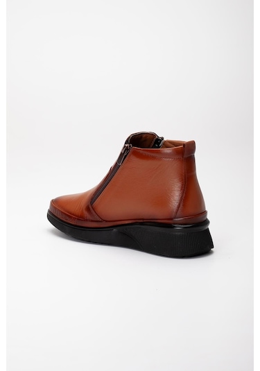 Hakiki Deri Ortopedik Kadın Bot Taba 2 Fermuarlı Dolgu Tabanlı-3296 Taba