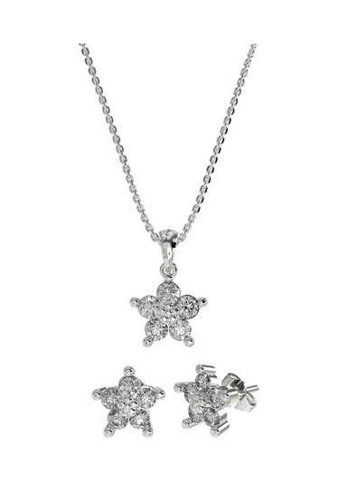 Roza Silver Zirkon Taşlı Rodyum Manolya Çiçeği Kolye Küpe 2'li Gümüş Set Rs10038