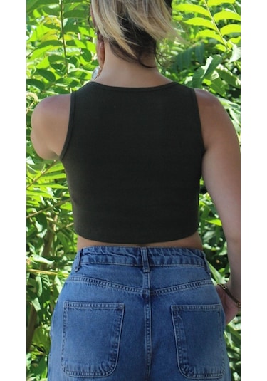 Afri Kadın Koyu Yeşil Basic Ribana Atlet Crop Likralı Spor Üst Koyu Yeşil