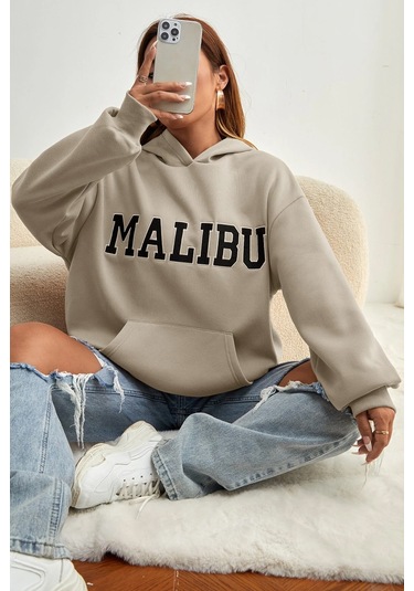 Malıbu Baskılı Oversize Sweatshirt Bej