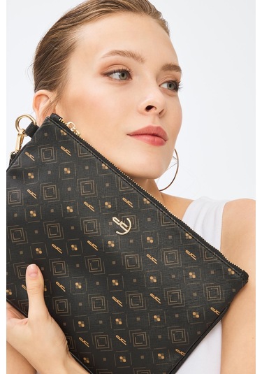 Deri Company Kadın Basic Clutch Çanta Monogram Desenli Siyah Taba 214002 Siyah