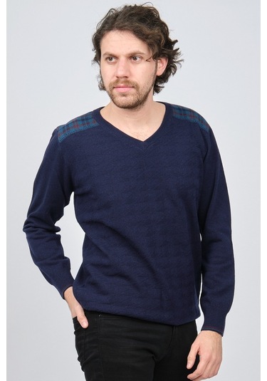 Desen Triko Erkek V Yaka Saf Yün Kazak 0246538 Lacivert Lacivert