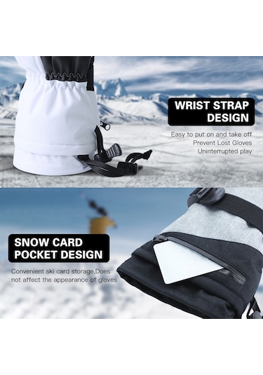 Moveevo Kışlık Beş Parmak Kayak Eldiveni - Su Geçirmez, Dokunmatik Ekran Uyumlu, Sıcak Tutan, Gri Renk Gri