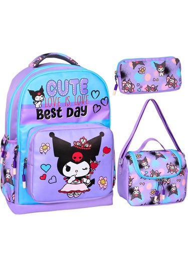 Kuromi Baskılı Lila, 3 Lü İlkokul Kız Çocuk Beslenmeli Ve Kalemli
