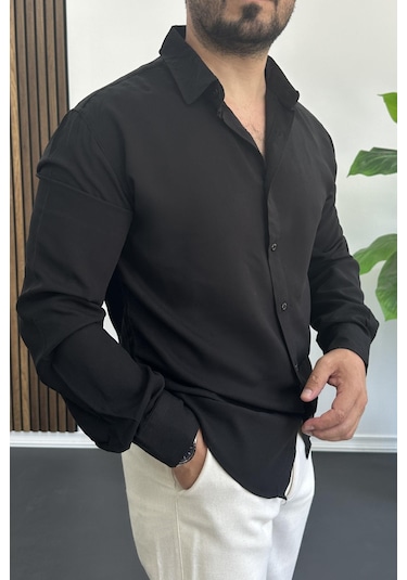 Erkek Viskon Kumaş Uzun Kollu Gömlek Siyah Edw391 Siyah