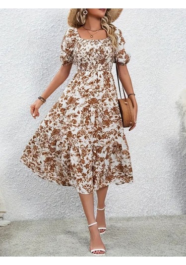 Kadın Kısa Kollu Kare Yakalı Lastikli Desenli Süprem Elbise Kahve