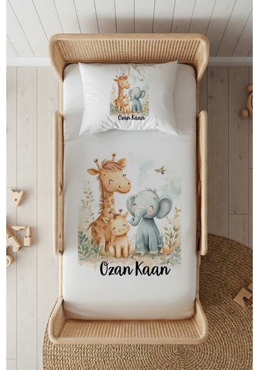 %100 Pamuk Saten İsme Özel İsimli 100x200 Tek Kişilik Lastikli Çarşaf Seti Safari Beyaz