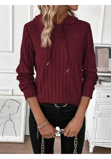 Sensuelle Kadın Uzun Kollu Kapşonlu Bağcıklı Şardonlu Kaşkorse Bluz Bordo