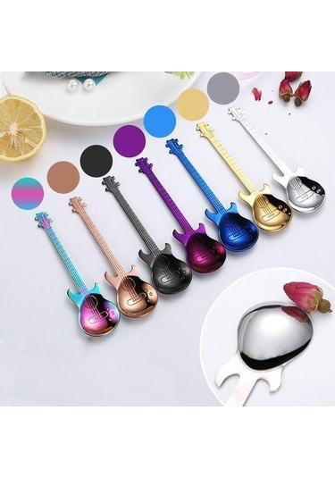 Gül Altın 1 Adet Paslanmaz Çelik Gitar Kaşık Gökkuşağı Kahve Ve Çay Kaşığı Sofra Takımı İçme Araçları
