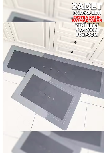 2 Adet Gri Ekstra Kalın 50x120 50x70 Su Emici Kaymaz Taban Gri