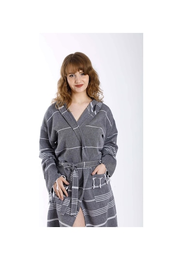 Kapüşonlu Kadın / Erkek Peştemal Bornoz Soft %100 Pamuklu Natural 001