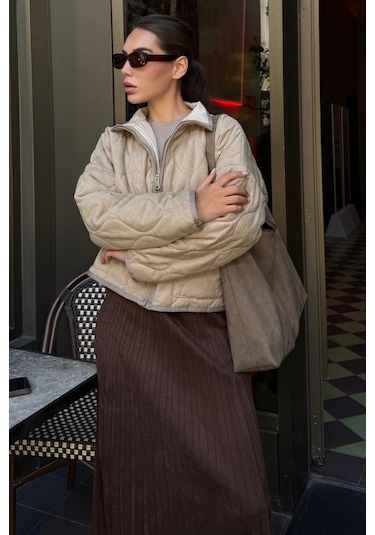 Bej Dik Yaka Kapitone Kadın Mont Mg2568 Bej