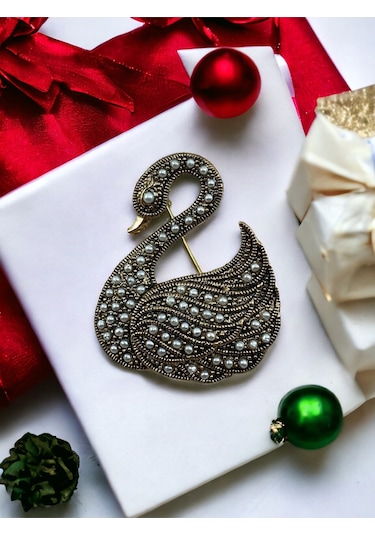İnci Kuğu Motif Broş İnci