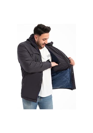 Erkek Lacivert Içi Polarlı Kürklü Su Ve Rüzgar Geçirmez Kapüşonlu Kışlık Mont & Kaban & Parka Lacivert