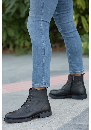 Garantili D4002 Hakiki Deri Soğuk Geçiremez Kışlık Erkek Bot Siyah