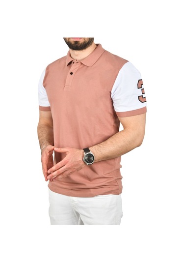 Deepsea Erkek Pudra Dar Kesim Pamuklu Polo Yaka Tişört Slim Fit Nefes Alan Kıvrılmaz Polo Yaka Tişört 2503022 Pudra