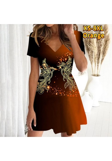 Turuncu Yaz Modası Kadın V Yaka Kısa Kollu Altın Kuş Baskılı Elbise Seks Kısa Etek Elbiseler