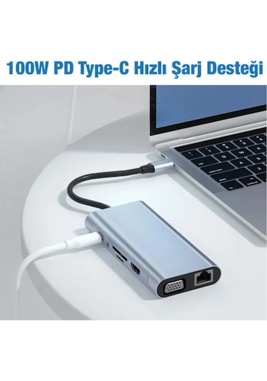 11in1 Type-c To Usb Hdmı 4xusb Rj45 Hdmi Vga Sd Tf Card Çevirici Adaptör