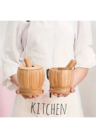 Meridiangoods Multicolor Premium Bambuz Sarımsak Havanı Baharat Ve Ot Öğütücü