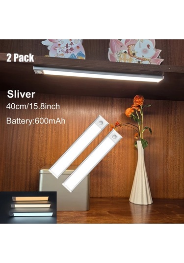 Dashanshop Aiwellkay 2li İnce Alüminyum Dolap Altı Hareket Sensörlü 3 Renk Sıcaklığı Ayarlanabilir Usb Şarjlı Manyetik Başlık Silvery 40cm Gümüş Rengi