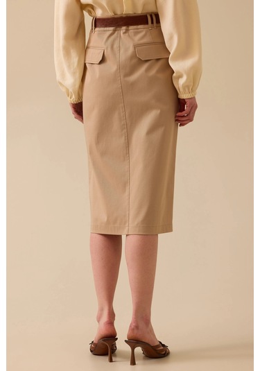 Kadın Yırtmaç Detaylı Cepli Etek - Camel CAMEL