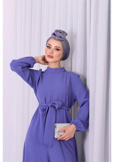 Kadın Lila Mavisi Kuşaklı Gül Detaylı Salaş Tulum Dpnms003 Lila