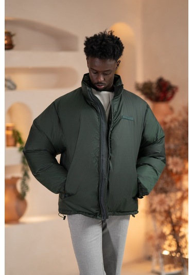 Oversize Bol Kesim Dik Yaka Fermuar Kapamalı Şişme Mont Yeşil