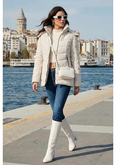 Lela Kapitoneli Slim Fit Çıkarılabilir Kapüşonlu Bayan Mont 497Mara Taş