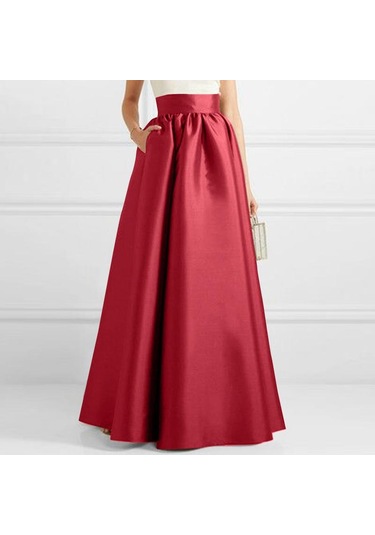 Zanzea Kadın Moda Yüksek Bel A-line Saten Etekler Düz Renk Parti Uzun Etekler Şarap Kırmızısı Kırmızı