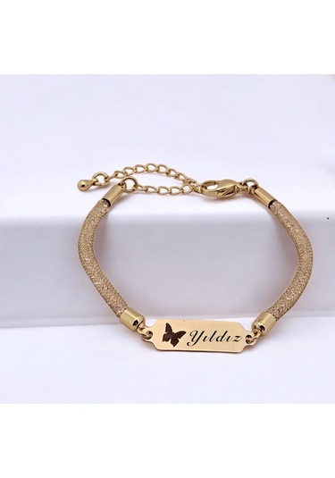 Archin Yıldız İsmine Özel Kelebek Motifli 14 Ayar Altın Plakalı Hasır Kordonlu Hediye Bileklik-647isim Yıldız