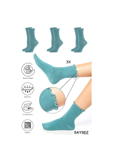 Bambu Kadın Lastiksiz Yeşil Fırfırlı Soket Dikişsiz Çorap 3'lü Paket / İz Bırakmaz / Sıkmayan Çorap Renkli