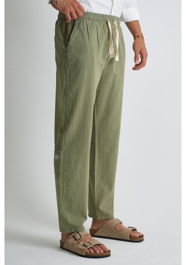 Dechers Marmaris Erkek Keten Karışımlı Dikiş Detaylı Relaxed Pantolon E210-13 Haki
