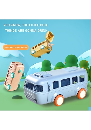500Ml Sevimli Simülasyon Minibüs Araba Çocuk Saman Su Bardağı Eğlenceli Karikatür Plastik Bardak Taşınabilir Açık Zıplatma Kapak Su Isıtıcısı-Mavi