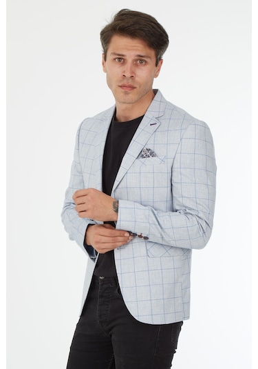 Sposo 5125 Dar Kalıp Kareli Açık Mavi Erkek Blazer Ceket Açık Mavi