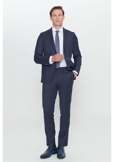 Erkek Lacı Slim Fit Dar Kesim Kırlangıç Yaka %100 Yün Çizgili Takım Elbise Lacı