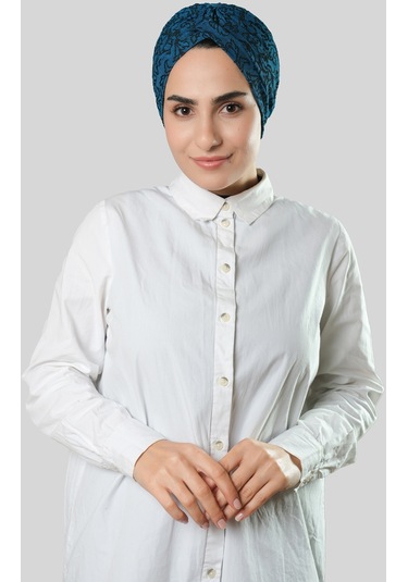 Petrol Mavisi Pratik Hazır Geçmeli Tesettür Bone Jakar Kendinden Desenli 1209 17 Petrol Mavisi