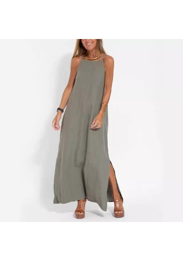 Bahar Ve Yaz Kadın Modası Rahat Pamuklu Yarık Askılı Elbise Haki