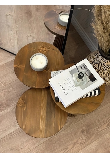 Wood Wooden 3 Lü Set Fitilli Derin Çizgili Mantar Yan Sehpa Moder