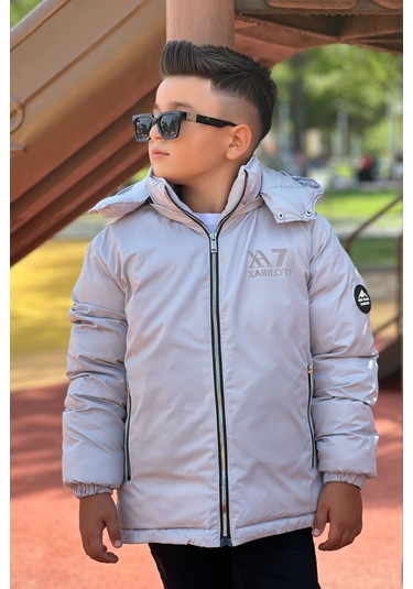Erkek Çocuk Çıkarılabilir Kapüşonlu Baskılı Yakası Detaylı Kışlık Mont Km3501 Gri