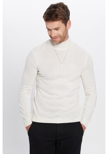 Erkek Slim Fit Dar Kesim Tam Boğazlı Yaka Düz Yün Beyaz Triko Kazak-25727 Beyaz