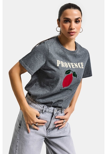 Itsbasic Kadın Gri W5 Oversize Baskılı %100 Pamuk T-shirt