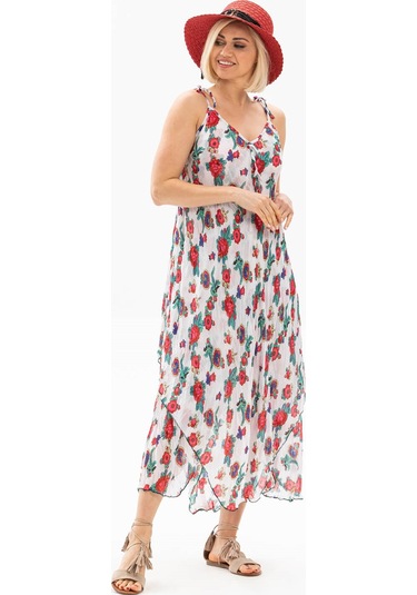Askılı Vual Afrodit Midi Boy Elbise Beyaz 6081