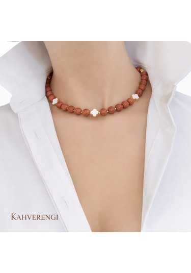 Luna Yonca Detaylı Lav Taşı Choker Doğal Taş Kolye Kahverengi