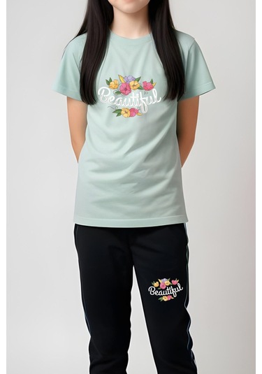 Beautiful Baskılı Kız Çocuk Tişört Ve Eşofman Alt-üst Takım Mint Yeşili