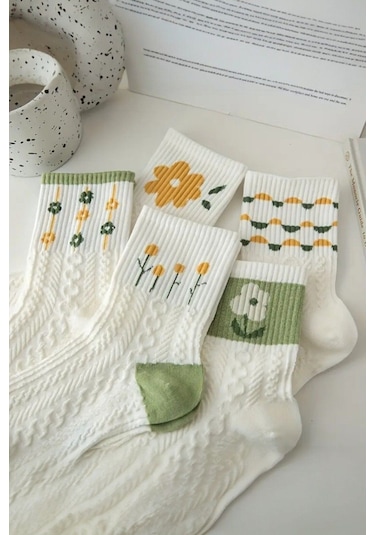 Kadın 5 Çift Premium Kalite Yeçil Çiçek Desenli Soket Çorap Beyaz - Yeşil