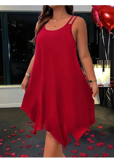 Kadın Askılı Yuvarlak Asimetrik Kesim Detaylı Viskon Elbise Bordo