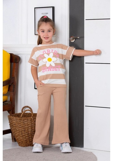 Oversize İspanyol Paça Kız Çocuk Takım Bej