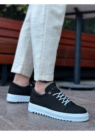 Pabucmarketi Bağcıklı Erkek Ayakkabı Siyah Beyaz Taban Renkli