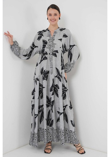 Gabria Ön Düğmeli Desenli Viskon Elbise Gri