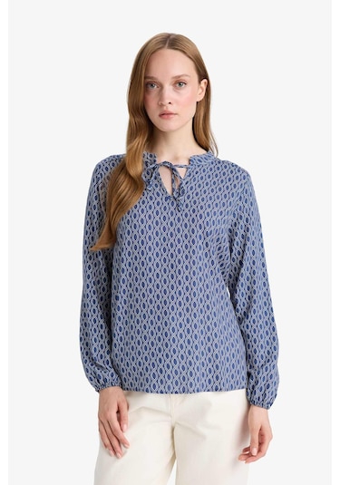 DeFacto Regular Fit Bağcıklı Yaka Desenli Uzun Kollu Bluz N1809AZ25SPIN69